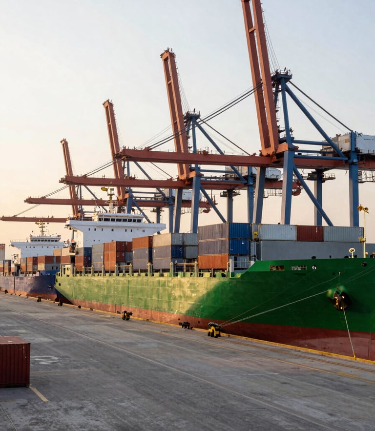 Wide panoramic shot of a modern Mexican container terminal at sunrise, clean green and slate cargo ships docked, cranes aligned, soft morning light.