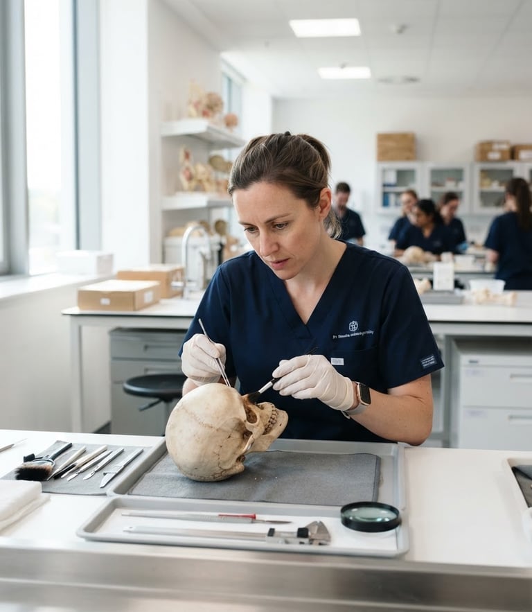 Medium shot of a focused professional in a modern, brightly lit forensic training environment, crisp clinical photography, 50mm.