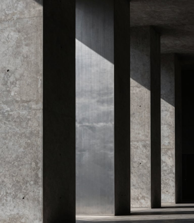 Abstract architectural geometry, dramatic side-lighting on dark concrete and brushed steel columns, sharp shadows, minimalist composition.