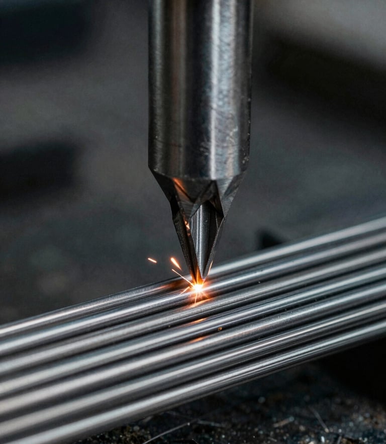 Macro close-up of a tungsten carbide drawing die reducing steel wire diameter, cool-toned industrial lighting, high-contrast 35mm photography.