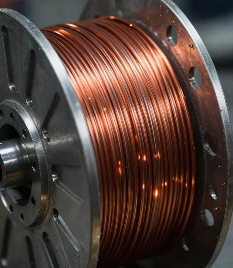 Tight macro shot of copper-coated MIG wire being spooled onto a precision steel basket spool, showcasing flawless alignment and zero-tangle winding, dramatic side lighting.