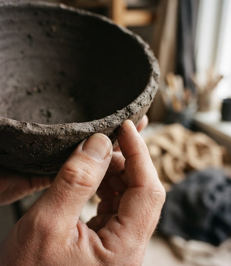 Macro shot of hands gently holding the unglazed rim of a dark clay bowl, soft directional north-facing window light, raw textures, 35mm film