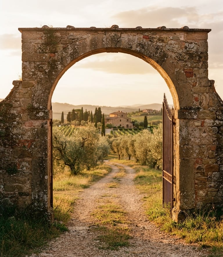 Warm golden-hour sunlight hitting a historic stone archway in Tuscany, olive trees framing the background, 35mm film style.