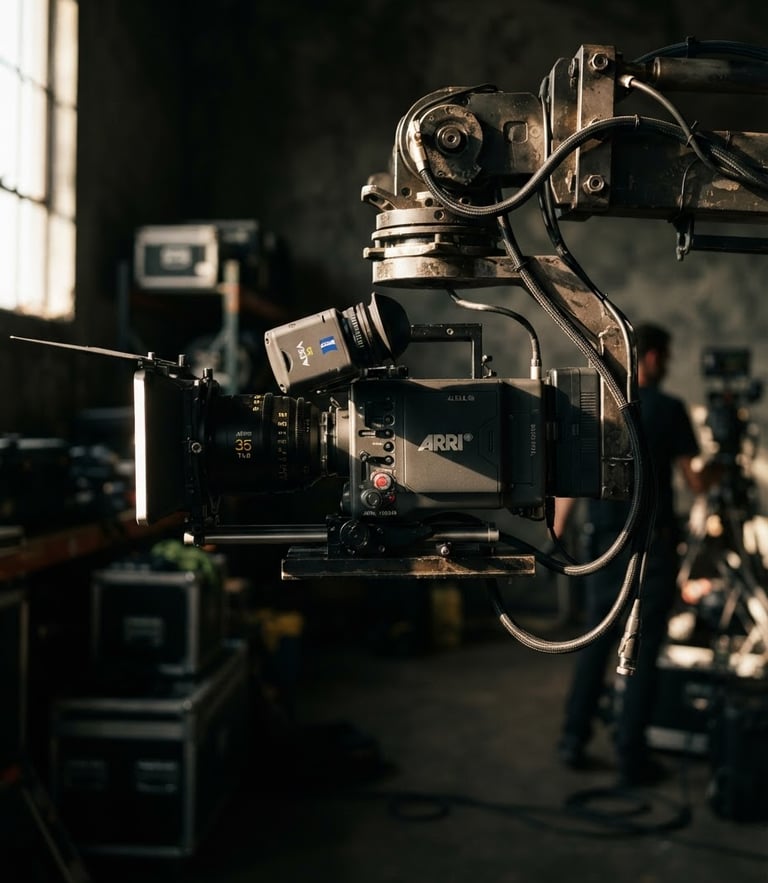 Side profile of a high-end cinematic camera rig mounted on a heavy mechanical arm, high-contrast directional afternoon sun, industrial metallic texture, crisp 35mm lens