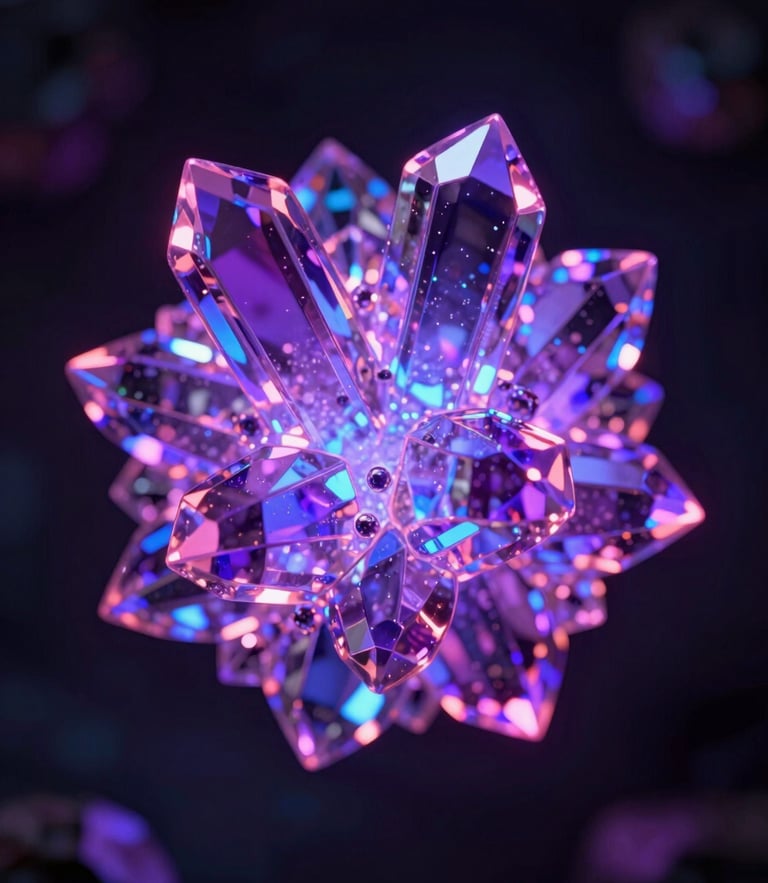 Macro close-up of a glowing crystalline node reflecting neon purple and pink light, dark obsidian background, high-contrast digital structure