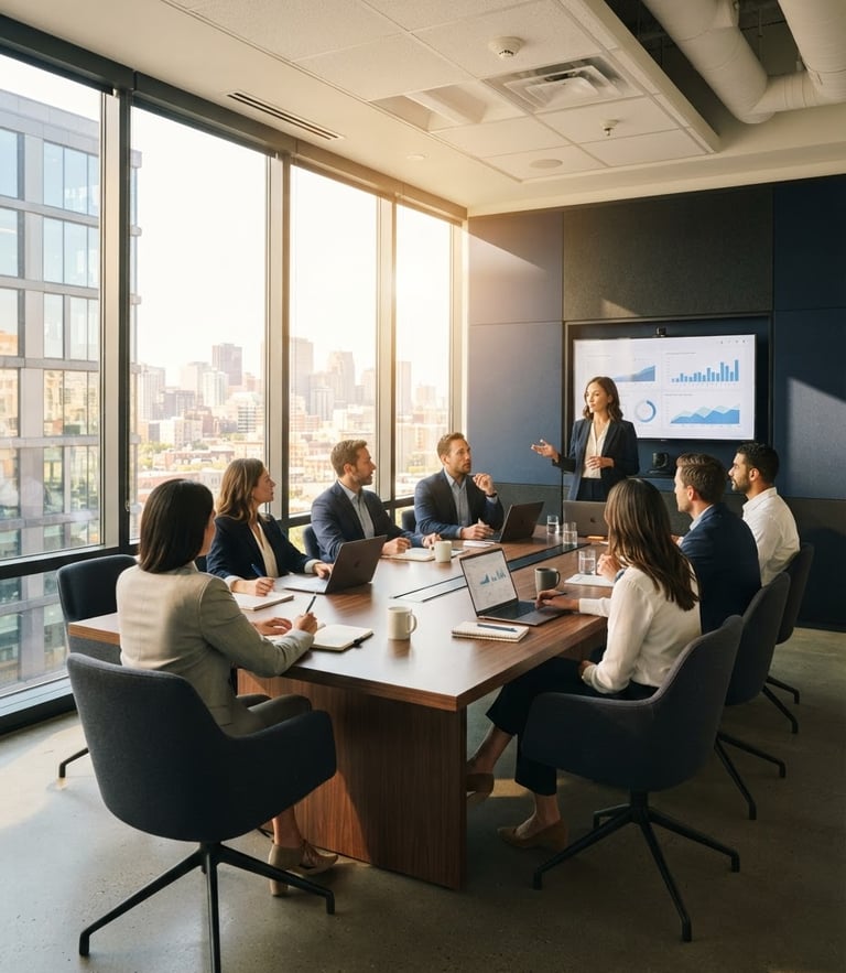 Wide-angle crisp corporate office meeting room with warm gold morning light streaming through windows, professional atmosphere, 35mm