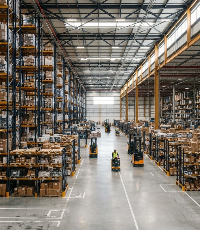 Wide-angle crisp architectural shot of a modern organized high-bay logistics warehouse with warm gold highlights, clean concrete floors, sharp focus, 35mm