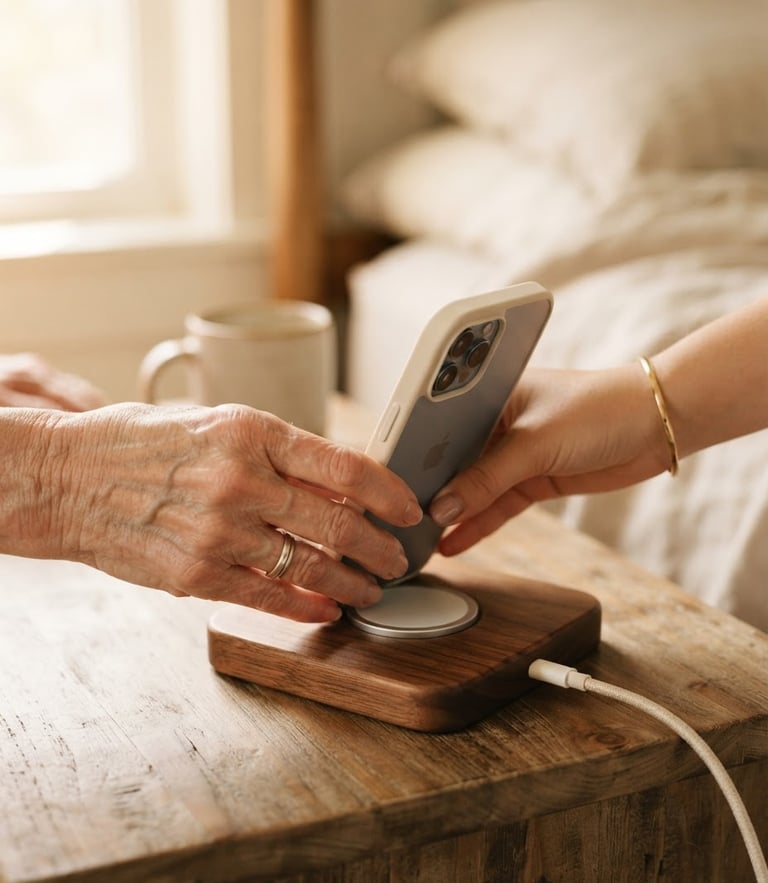 A close-up of an elderly hand and a young hand placing a phone onto a warm walnut charging dock, soft morning window light, shallow depth of field