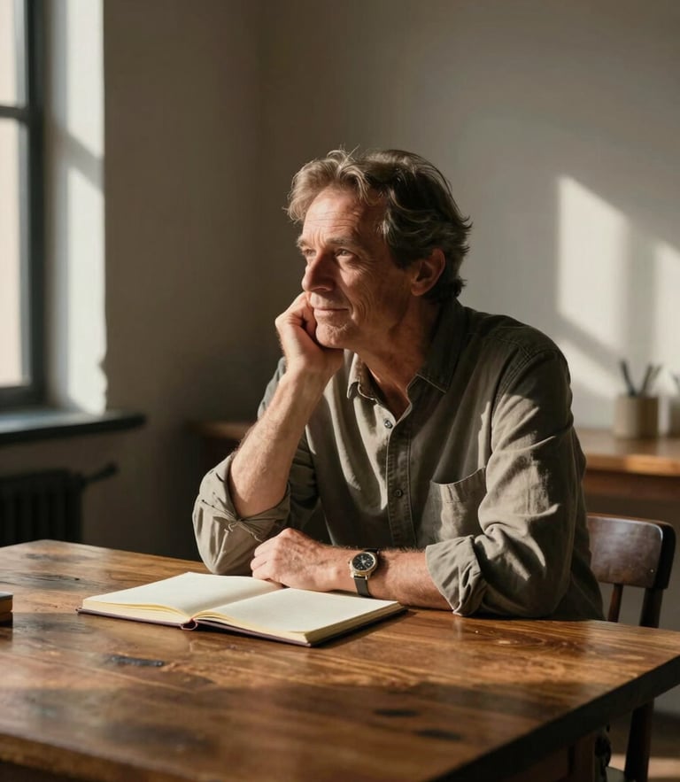 Environmental portrait of a mid-50s individual sitting at a heavy dark oak table in a sunlit loft, looking thoughtfully at a notebook. Late-afternoon natural side-lighting, rich shadows, warm tones. No forced smiles, completely natural pose.