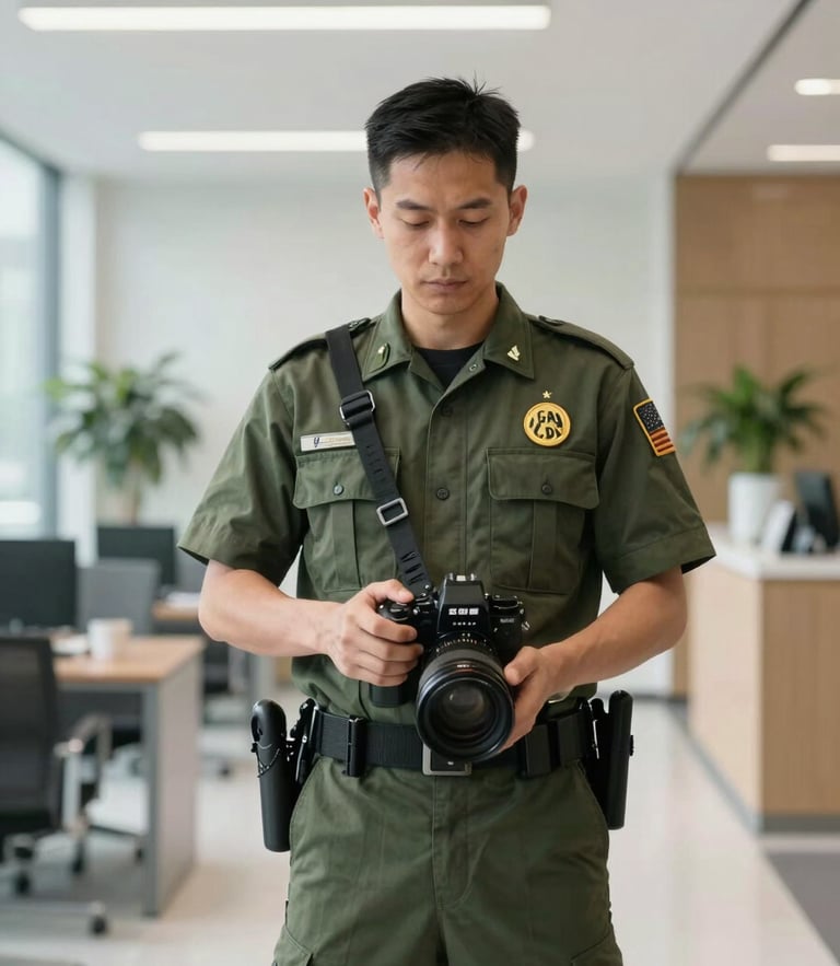 Straight-on structured shot of a uniformed SGT Can Do commercial cleaner in a pristine, bright modern office lobby, holding professional equipment with focused discipline, natural lighting.