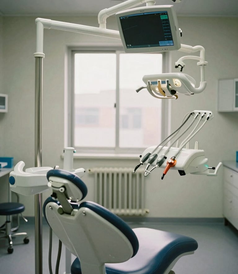 Straight-on, bright shot of a sterile, perfectly aligned dental operatory room, stainless steel equipment reflecting natural window light, clinical order.