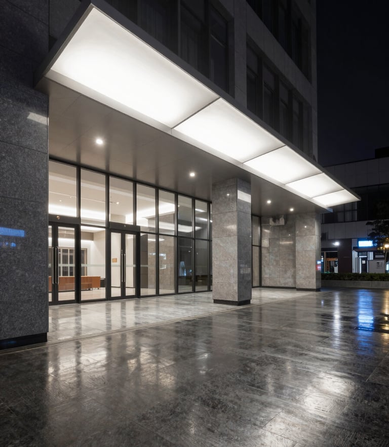 High-contrast architectural shot of a Class-A corporate lobby at night, polished dark stone floors reflecting bright overhead halogen lights, clean lines, pristine and empty.