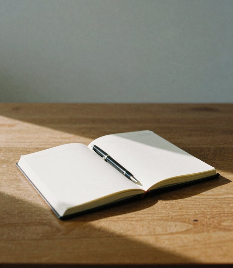 A quiet, minimalist workspace with an open notebook, a fountain pen, and soft morning shadows falling across a wooden desk, 35mm film grain.