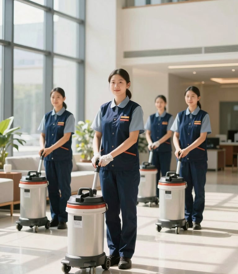 Impeccably uniformed cleaning professional using advanced equipment in a bright, sunlit modern corporate office lobby, warm editorial photography, 35mm