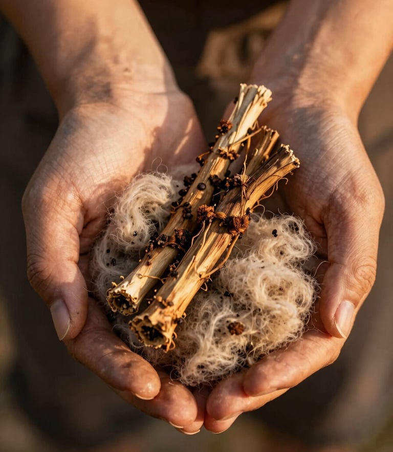 Intimate close-up of hands holding raw sheep wool dyed with natural plant roots, warm golden hour side-lit, rich earth tones