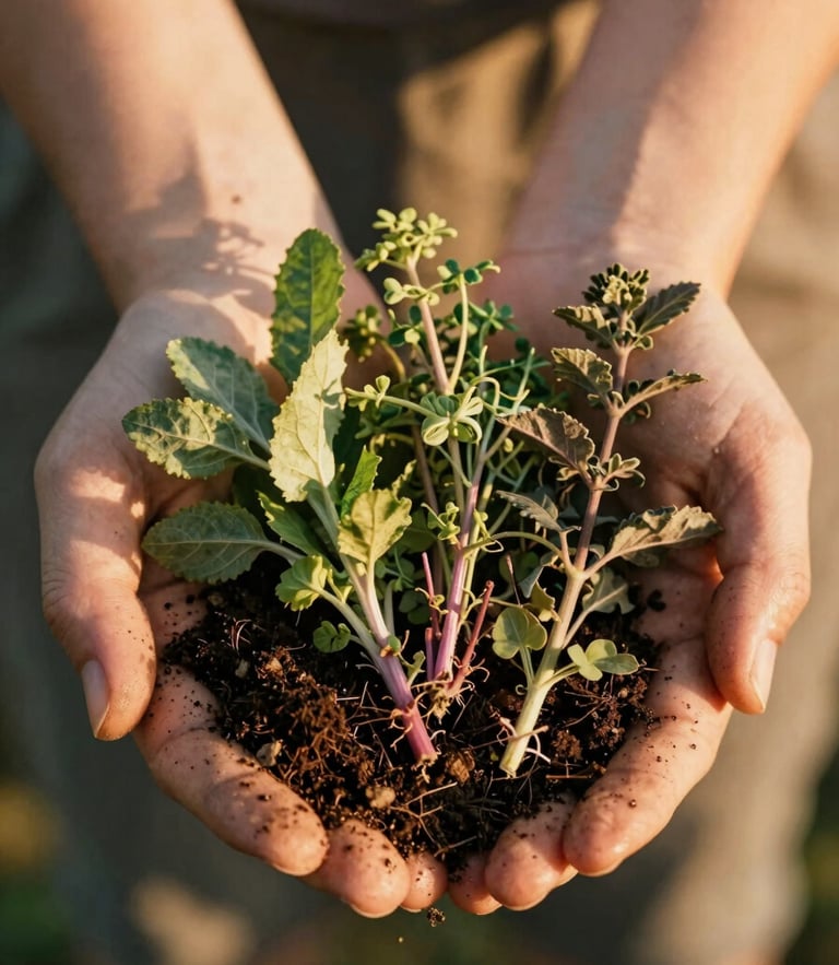 Close-up of hands holding raw organic herbs and soil, warm golden-hour side light, soft focus, 35mm photography