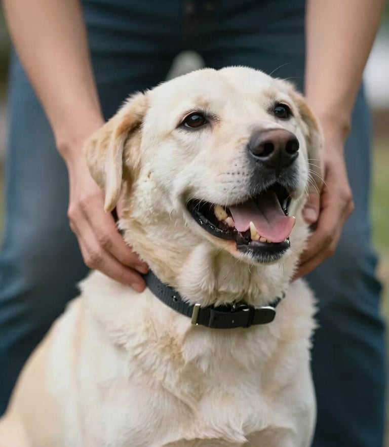 Cinematic close-up of hands gently placing a collar on a healthy, happy rescued dog, soft natural lighting, shallow depth of field