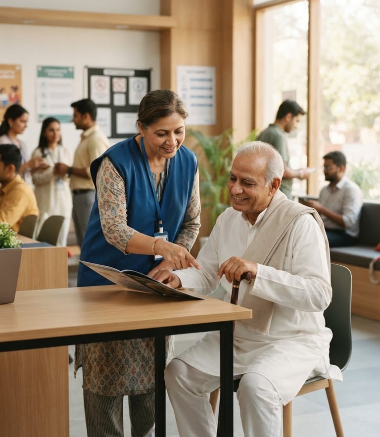 A professional Indian community helpdesk, bright natural daylight, a local volunteer in a blue vest guiding an elderly citizen with dignity, modern clean environment, 35mm lens