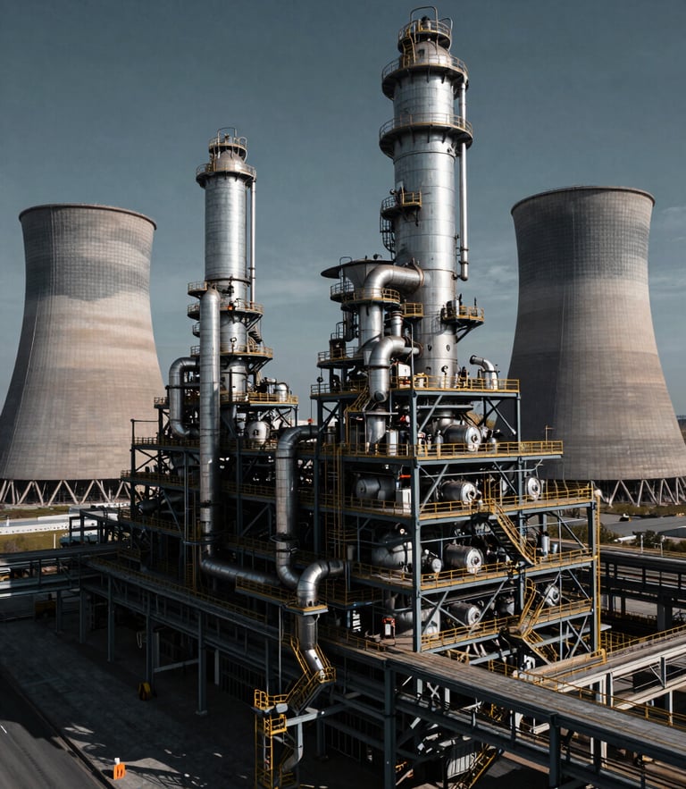 Wide-angle architectural shot of a massive industrial manufacturing plant with huge external cooling towers, cool steel tones, dramatic high-contrast lighting.