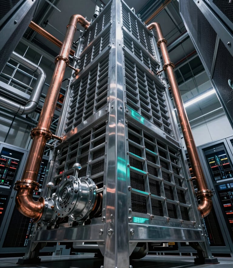 Low-angle heroic shot of a massive industrial chiller system inside a modern corporate data center, cool steel tones with sharp teal highlights on precision copper piping, dramatic shadows, wide-angle architectural lens, 35mm