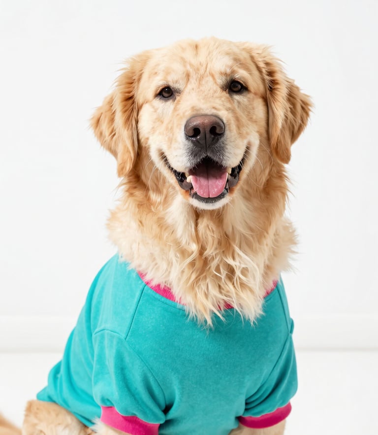 A happy golden retriever wearing a colorful handmade teal shirt, looking directly at the camera, bright outdoor daylight, soft background
