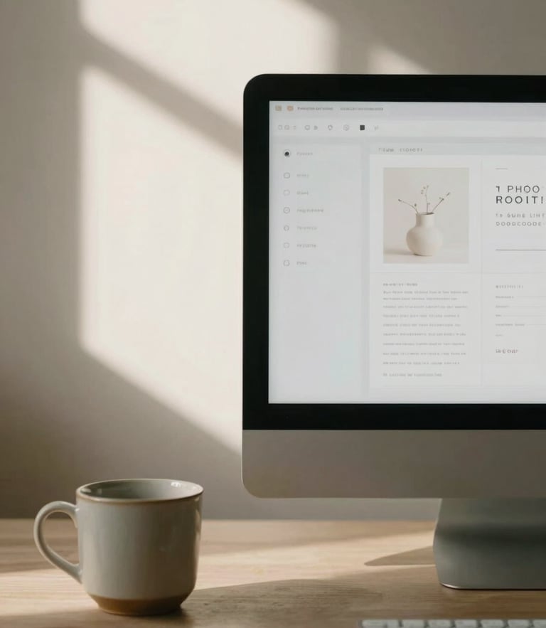 Close-up of a minimalist workspace with soft directional window light, a ceramic cup, and a clean physical screen displaying elegant layout designs, warm muted earth tones, 35mm film grain.