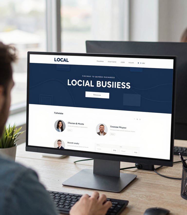 Over-the-shoulder shot of a developer styling a clean local business website layout on a large monitor, bright natural office daylight, cool slate tones, 35mm.