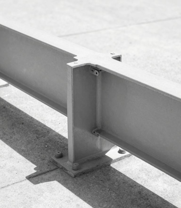 A portrait orientation shot of a structural steel I-beam joint with heavy industrial bolts, harsh midday sun creating sharp geometric shadows on concrete, minimalist architectural photography, high contrast monochrome tones, sharp focus, 35mm lens