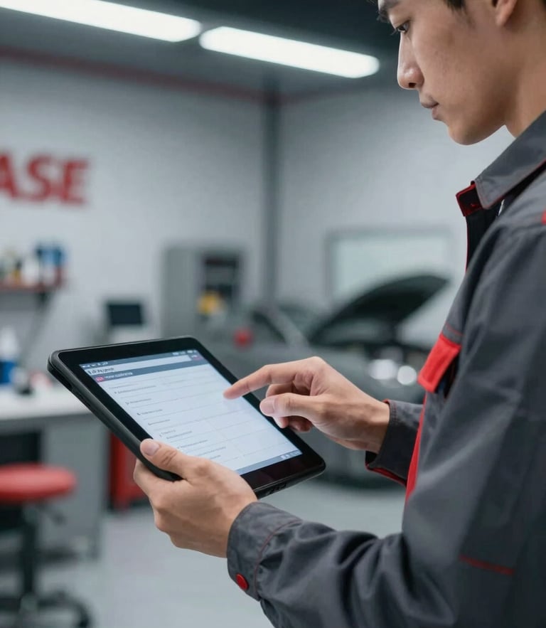 Close-up of an ASE-certified mechanic using a high-tech diagnostic tablet inside a clean, modern service bay, cool-toned workshop lighting, high-contrast charcoal and red accents.