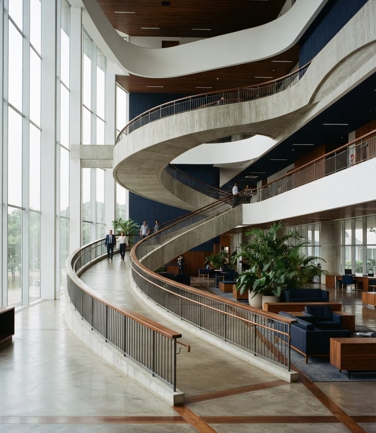Wide architectural shot of a modern Brazilian public administration building with clean concrete curves, soft overcast daylight, editorial photography style, 35mm