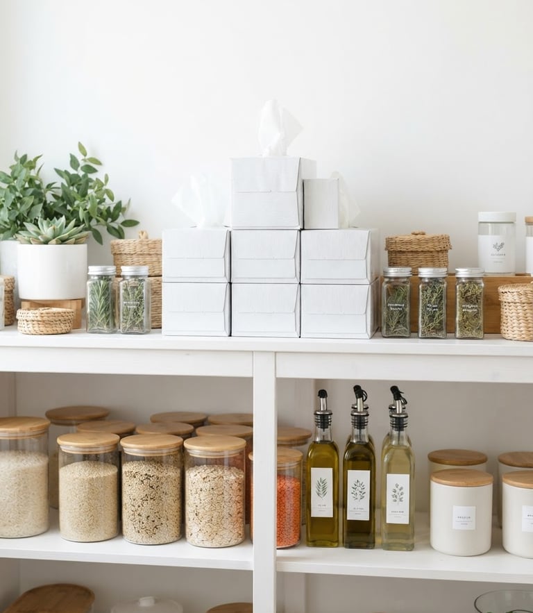 Bright high-key studio photograph of neatly stacked tissues and pantry essentials on a clean white shelf, botanical green accents, soft natural light