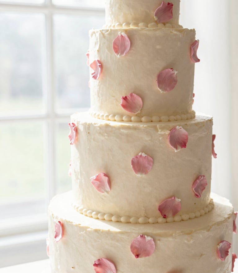 A close-up of a beautifully decorated, multi-tiered wedding cake with delicate pink sugar petals, shot in bright morning window light with soft shadows.