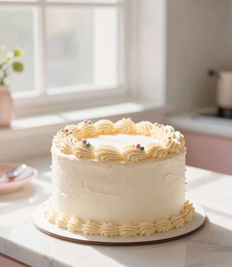 Bright high-key food photography of a sunlit kitchen counter with a beautifully decorated custom cake, soft morning window light, warm pastel pink accents, shallow depth of field, 35mm