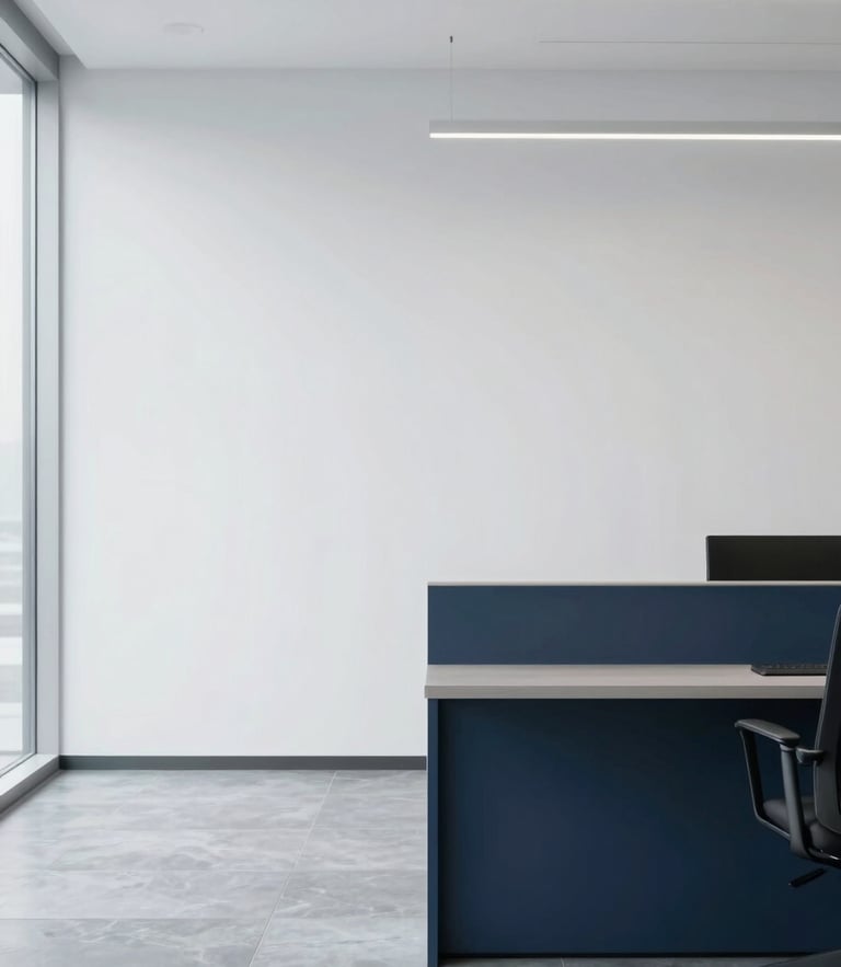 A bright, clean corporate office interior with modern minimalist lines, soft diffused daylight, cool slate gray and navy accents, negative space on the left, 35mm lens.
