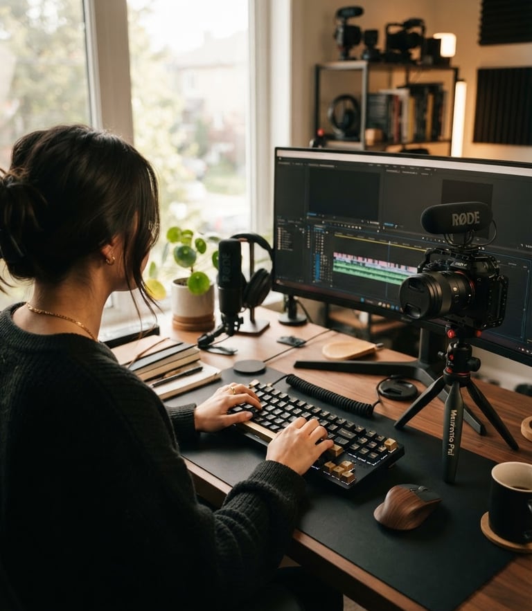 An over-the-shoulder shot of a modern content creator's desk, natural window light, hands on a mechanical keyboard, a professional camera on a small tripod to the side, shallow depth of field, 35mm.