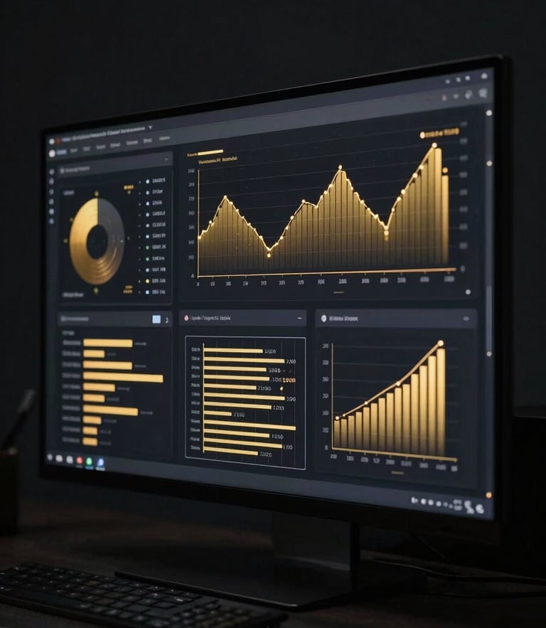 Sleek dark-mode software interface glowing with gold data visualization charts on a premium display, 35mm lens, dramatic low-key lighting