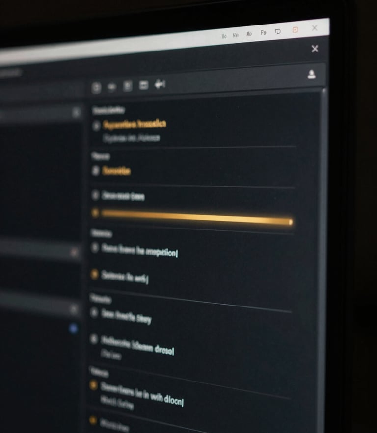 Macro close-up of a high-end dark-mode software interface glowing on a premium display with subtle gold light leaks, dramatic chiaroscuro lighting, 35mm lens.