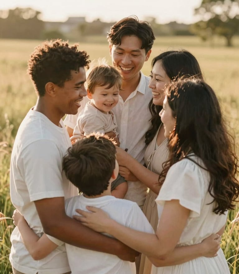Candid medium shot of a diverse, joyful family embracing in a warm, sun-drenched meadow, golden-hour natural light, soft focus, 35mm lens