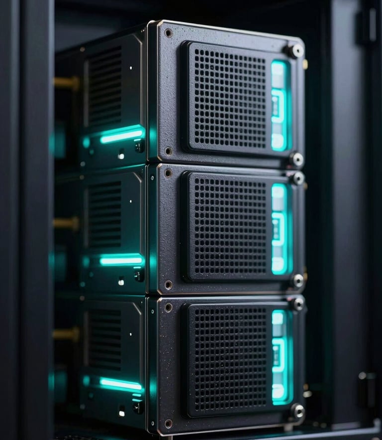 Macro close-up of high-performance server hardware in a Dubai data center, low-key contrast studio lighting with sharp neon cyan laser accents reflecting off dark metallic surfaces.