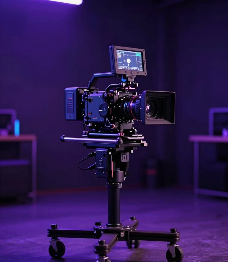 Cinematic camera rig on a dolly inside a dark studio, illuminated by dramatic purple and blue neon key lights, shallow depth of field, professional production environment.