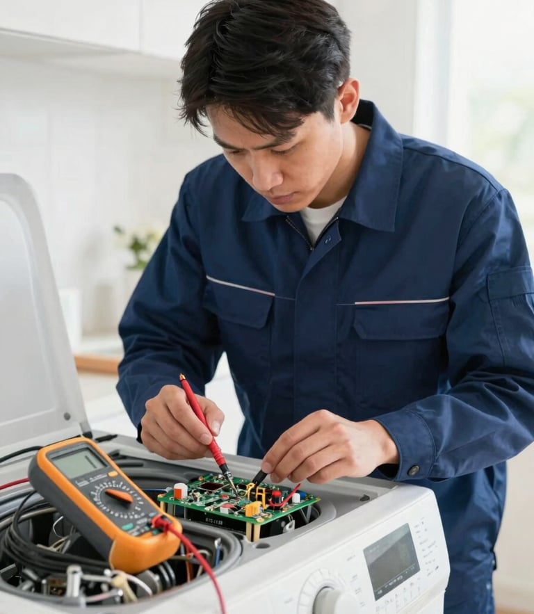 Close-up of a professional technician in a clean navy uniform using a digital multimeter to test a circuit board of a modern washing machine, bright natural indoor lighting, 35mm lens