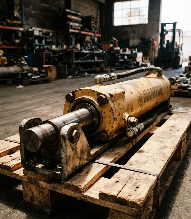 Close-up of a heavy-duty Manitou hydraulic cylinder on a wooden shipping pallet in a Casablanca warehouse, sharp mechanical details, harsh natural sunlight, 35mm
