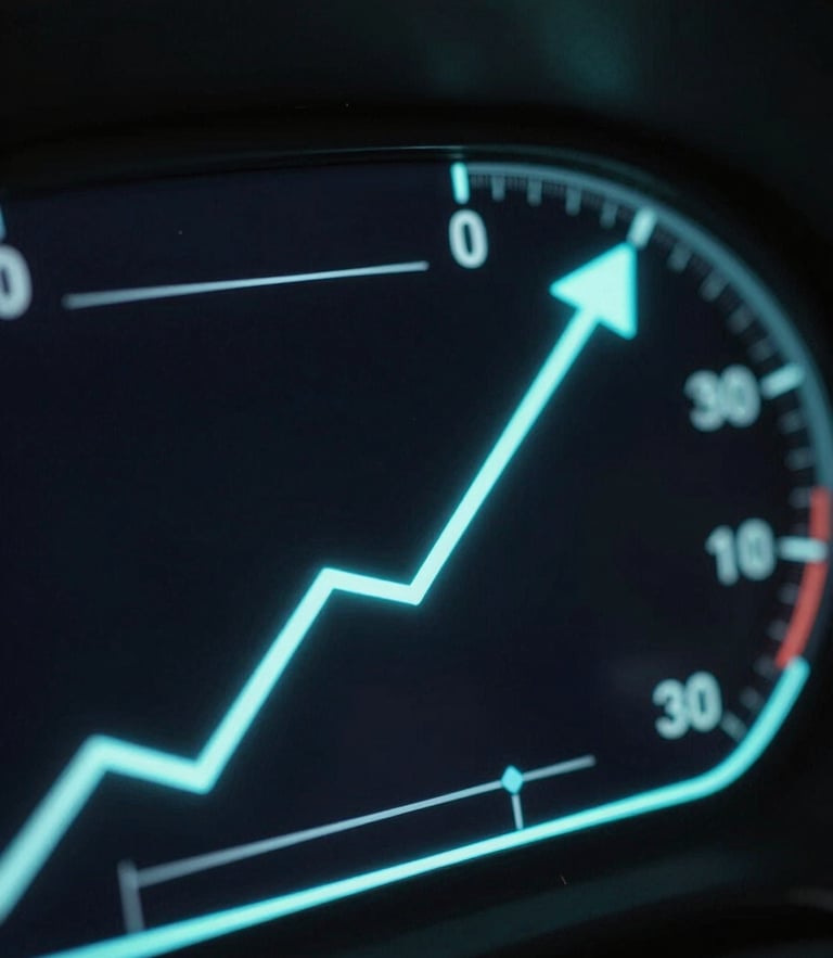 Sleek dark-mode technology photography, macro depth of field of a glowing dashboard showing an upward conversion trend line, cool neon-cyan backlighting