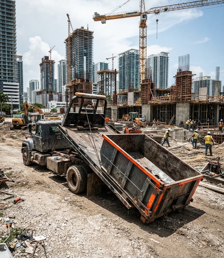 Gritty industrial wide-angle shot of a flatbed truck dropping off a heavy-duty steel dumpster with bold safety orange accents, high-contrast midday sun, active Miami construction site background.