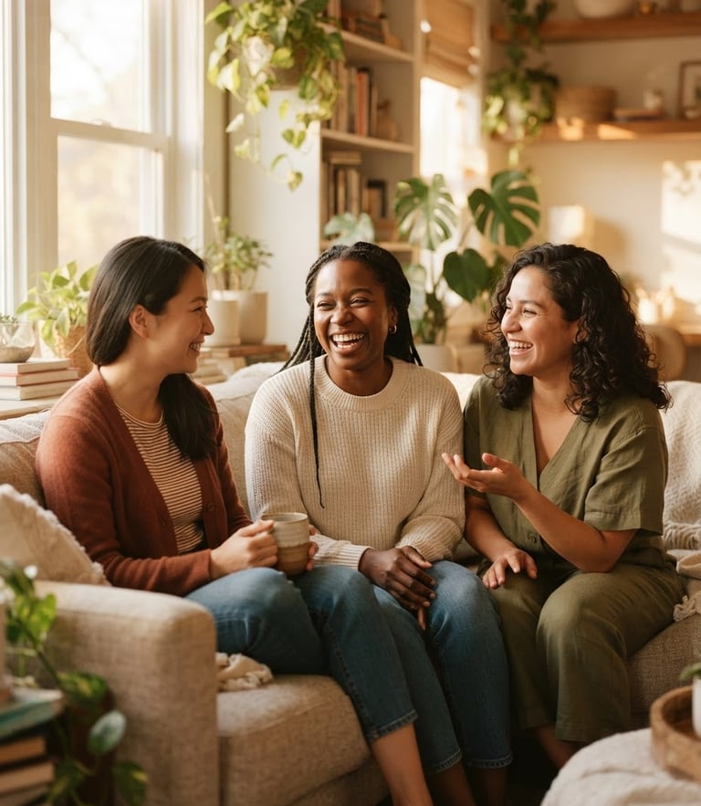 Warm editorial portrait of three diverse people sitting closely, laughing and listening authentically in a cozy, sunlit space, soft golden-hour natural light, shallow depth of field, 35mm