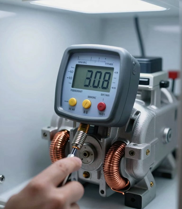 Macro close-up of a digital diagnostic meter testing copper coils on a premium refrigerator compressor under bright white task lighting.