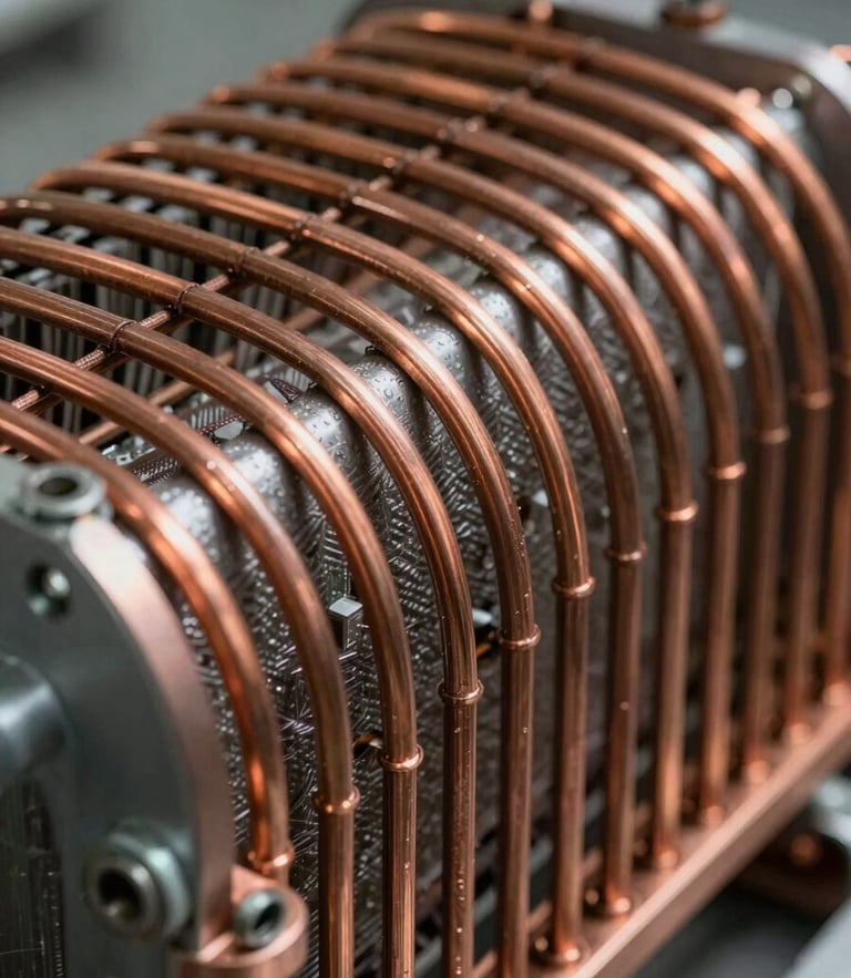Macro shot of a clean, copper refrigeration coil assembly under sharp task lighting, technical precision depth of field