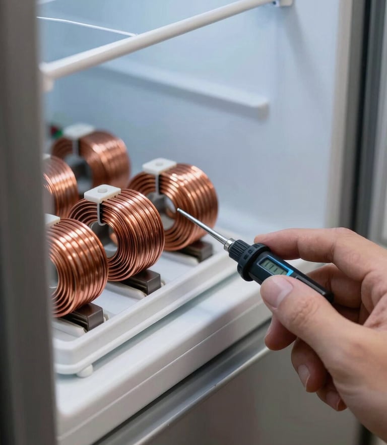 Macro close-up of a digital diagnostic meter testing copper coils on a premium refrigerator, sharp task lighting, clean industrial aesthetic