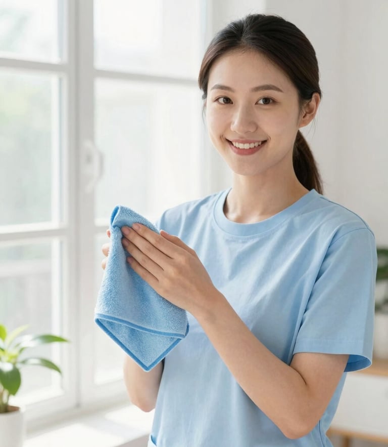A warm, friendly portrait of a professional female cleaner in a bright, sunlit home, holding a clean microfiber cloth, soft natural window light, 35mm lens.