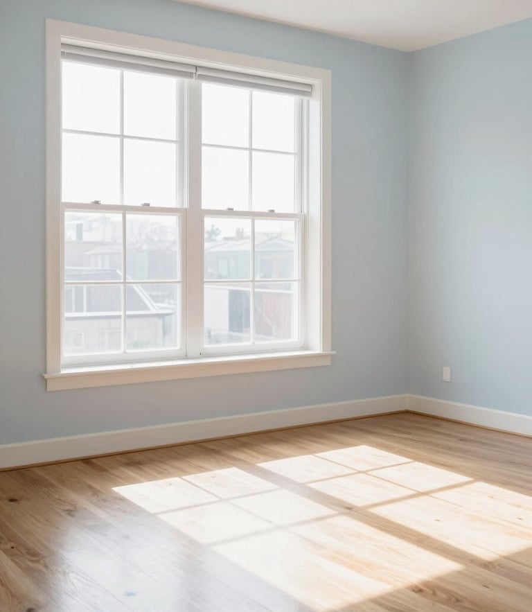Bright sunlit modern living room with large window, sparkling clean hardwood floors, minimalist decor, soft daylight, 35mm lens